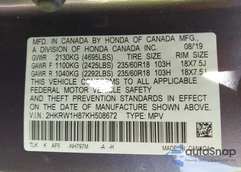 2019 Honda Cr-V Ex-L z USA, uszkodzony, nr VIN 2HKRW1H87KH508672